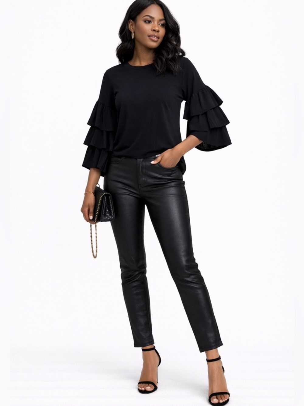 Halogen Black Tiered Ruffle Sleeve Blouse Statement Sleeve Top Size M